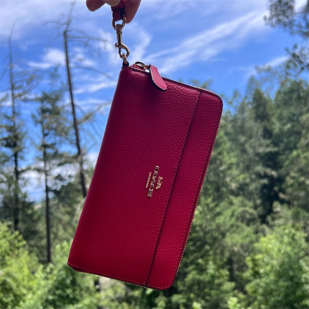 COACH Long Zip-Around RED Pebble Leather Wallet Gold Hardware with Wrist-Strap - Picture 14 of 16